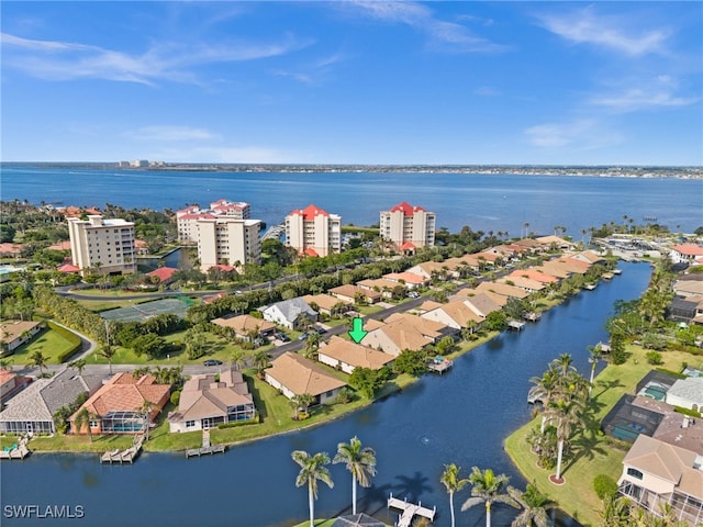 aerial view featuring a water view