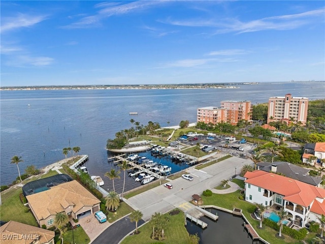 bird's eye view with a water view