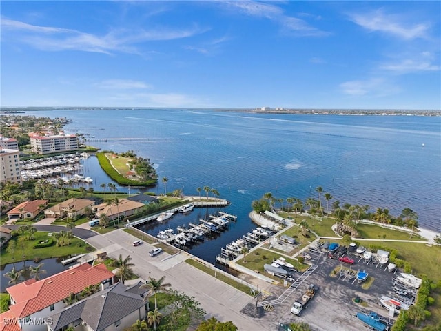 birds eye view of property with a water view