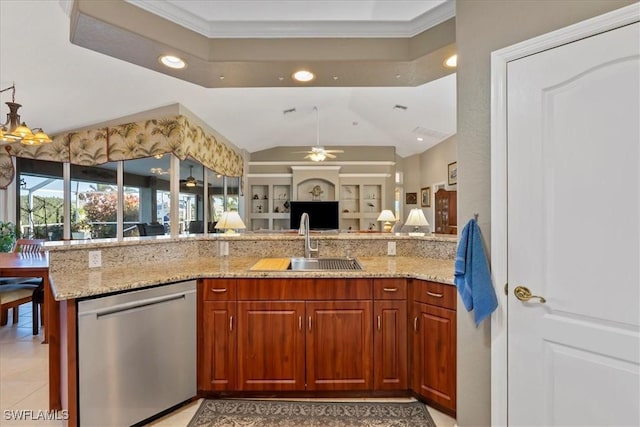 kitchen featuring ceiling fan, dishwasher, sink, light stone counters, and light tile patterned flooring