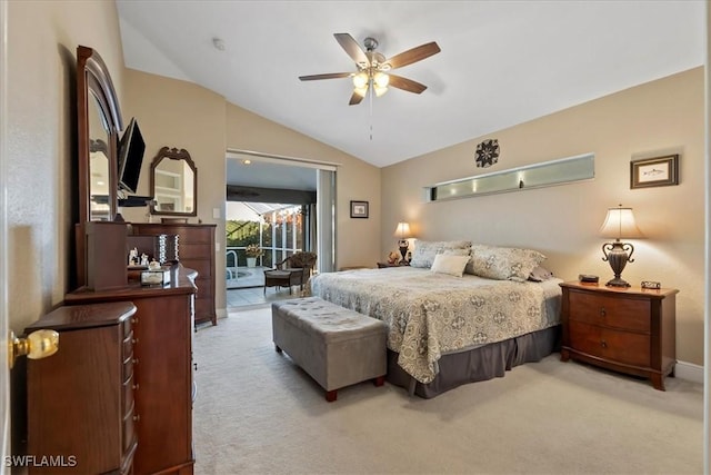 bedroom with access to exterior, light colored carpet, vaulted ceiling, and ceiling fan