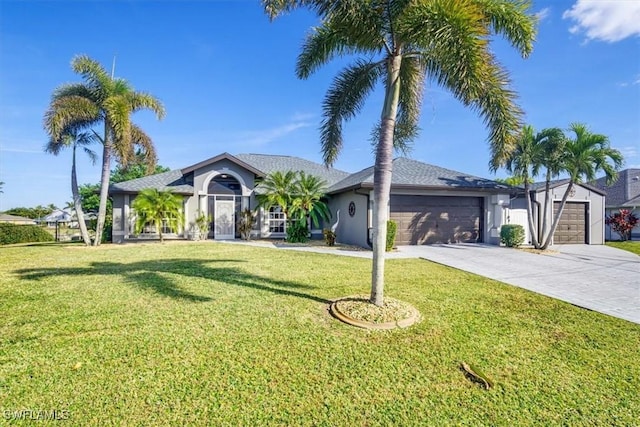 ranch-style home featuring a garage and a front lawn