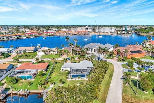 aerial view featuring a water view