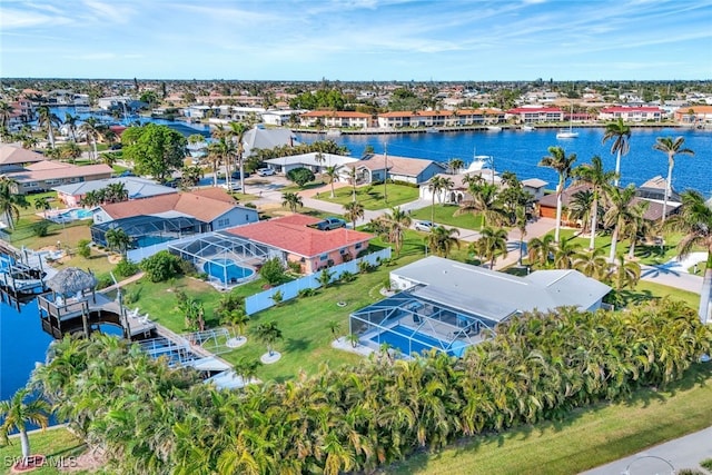 drone / aerial view featuring a water view