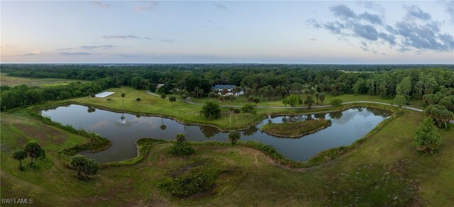 aerial view at dusk featuring a water view