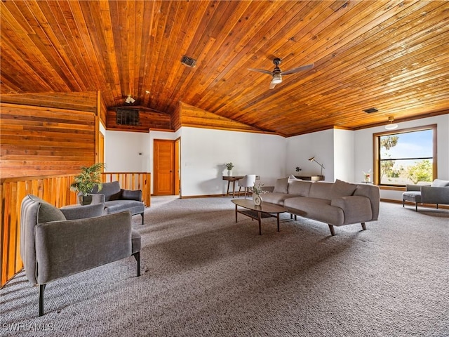 carpeted living room featuring a ceiling fan, wood ceiling, visible vents, and vaulted ceiling