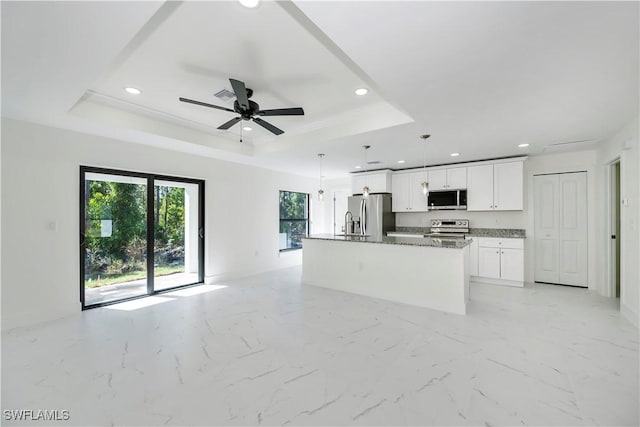 kitchen with white cabinetry, dark stone countertops, a tray ceiling, a kitchen island with sink, and appliances with stainless steel finishes