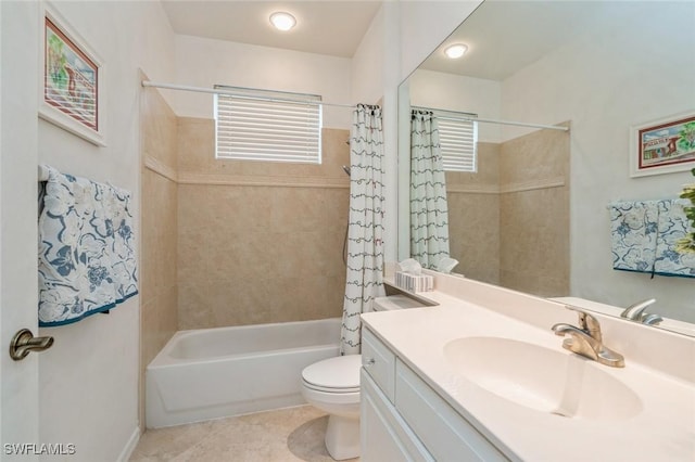 full bathroom with tile patterned floors, plenty of natural light, toilet, and shower / bath combo with shower curtain