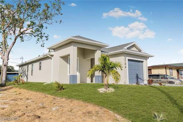 view of property exterior featuring a garage and a yard