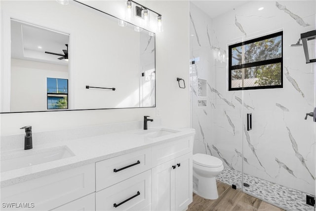 bathroom with wood-type flooring, vanity, toilet, and an enclosed shower