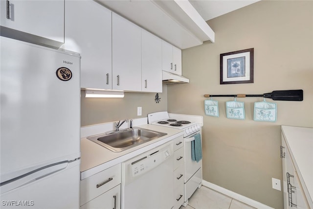 kitchen featuring sink, white cabinets, and white appliances