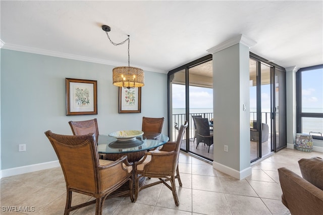 tiled dining space featuring a water view, a wall of windows, and ornamental molding