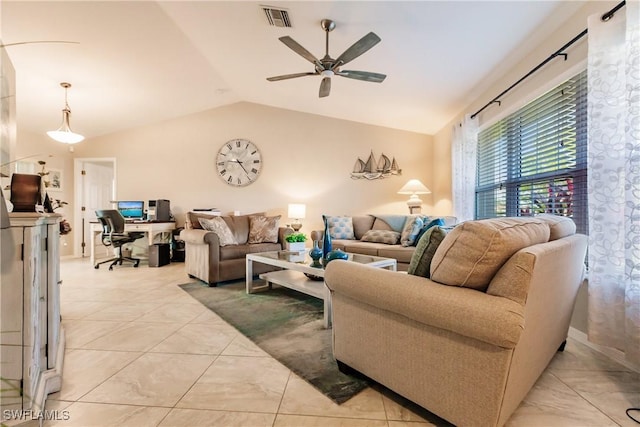 living room with vaulted ceiling and ceiling fan