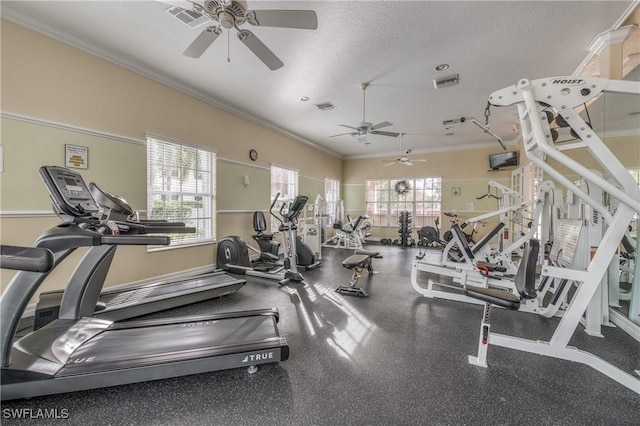 exercise room featuring a textured ceiling, ceiling fan, and ornamental molding