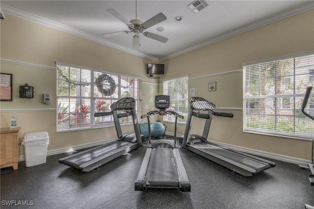 exercise room with visible vents, baseboards, ceiling fan, and crown molding