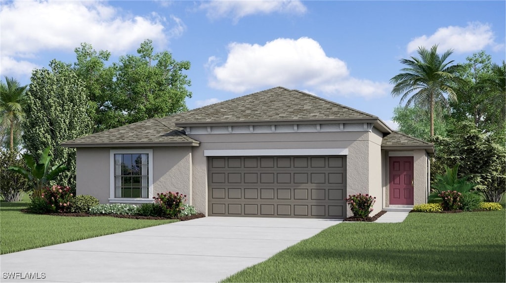 view of front of home with a front lawn and a garage