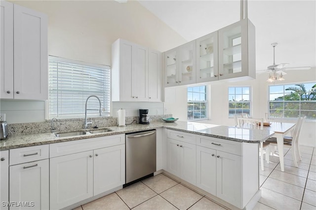 kitchen featuring white cabinetry, sink, ceiling fan, stainless steel dishwasher, and kitchen peninsula