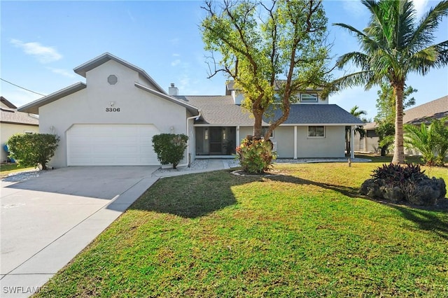 view of front of property featuring a front yard and a garage