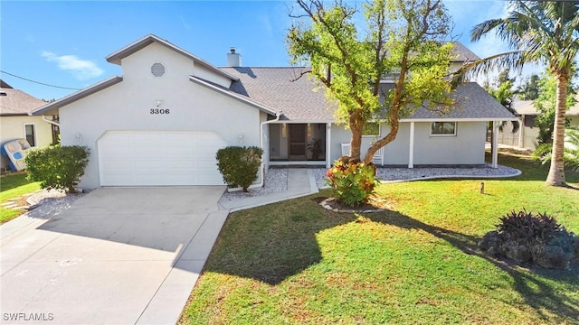 view of front of house with a front yard and a garage