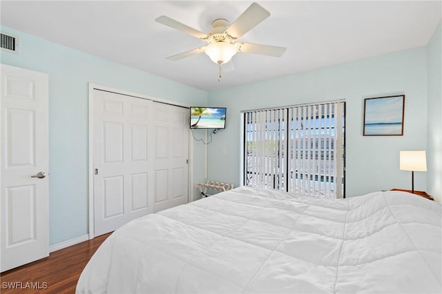 bedroom with access to exterior, a closet, dark hardwood / wood-style flooring, and ceiling fan