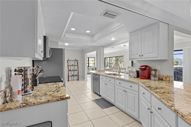 kitchen featuring light stone countertops, sink, a raised ceiling, white cabinets, and appliances with stainless steel finishes