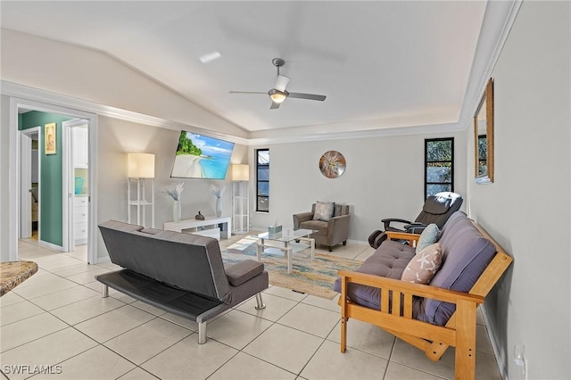 living room featuring light tile patterned flooring, vaulted ceiling, plenty of natural light, and ceiling fan