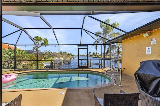 view of swimming pool featuring a patio, a water view, area for grilling, and a lanai