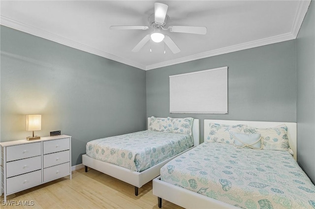 bedroom with ceiling fan, light hardwood / wood-style floors, and ornamental molding