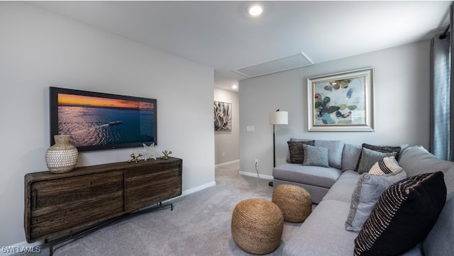 living room featuring light colored carpet