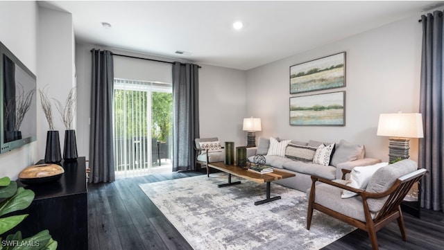 living room featuring dark wood-type flooring