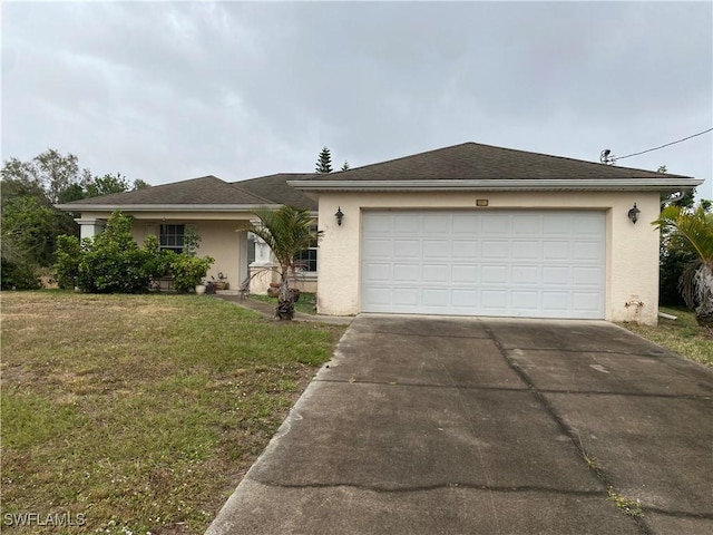 single story home featuring a garage and a front lawn