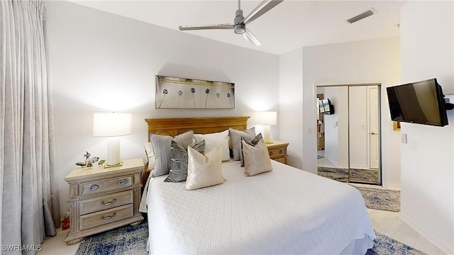 bedroom with a ceiling fan, a closet, and visible vents