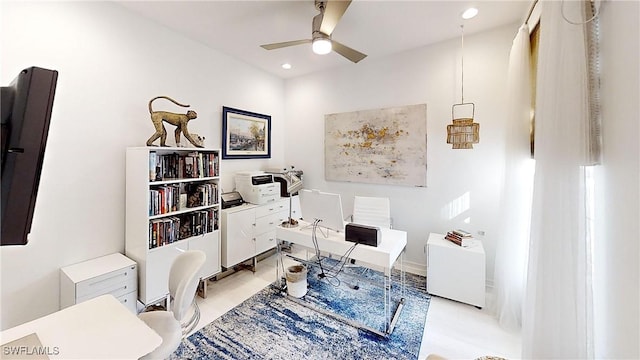 home office with light tile patterned floors, a ceiling fan, and recessed lighting