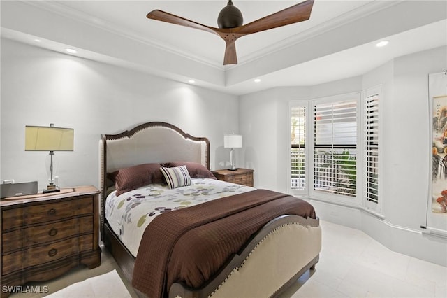 bedroom featuring ceiling fan and crown molding