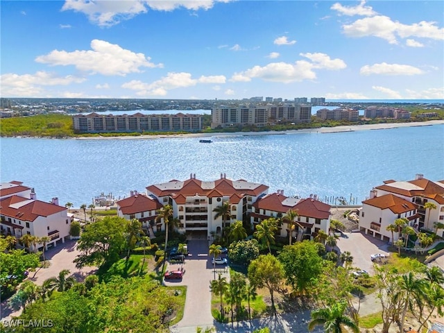 birds eye view of property with a water view