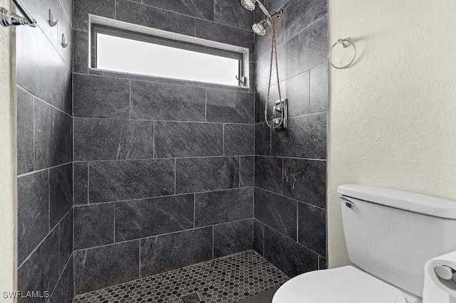 bathroom with toilet, tiled shower, and a wealth of natural light