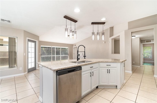 kitchen featuring sink, hanging light fixtures, stainless steel dishwasher, a center island with sink, and white cabinets