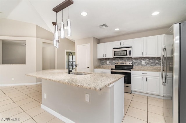 kitchen featuring pendant lighting, white cabinetry, an island with sink, and appliances with stainless steel finishes