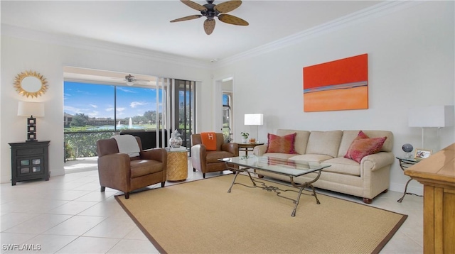 tiled living room with ceiling fan and crown molding