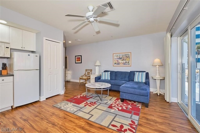 living room with ceiling fan and wood-type flooring