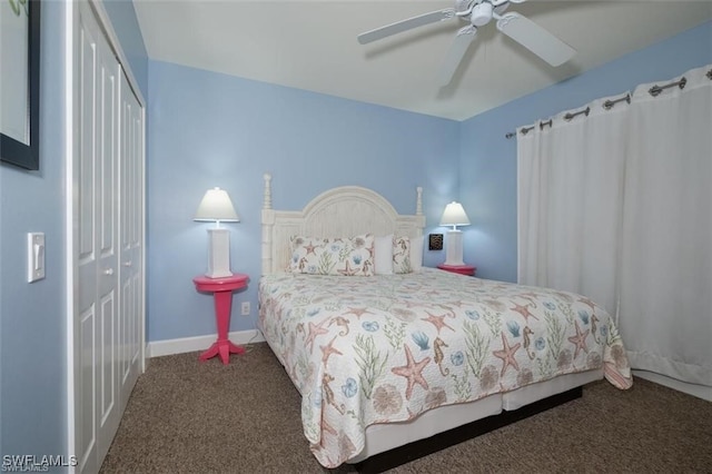 carpeted bedroom featuring a closet and ceiling fan