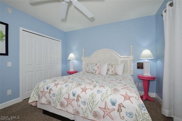 carpeted bedroom with ceiling fan and a closet