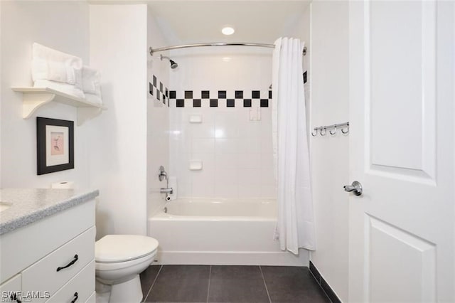 full bathroom with tile patterned flooring, vanity, shower / bath combination with curtain, and toilet