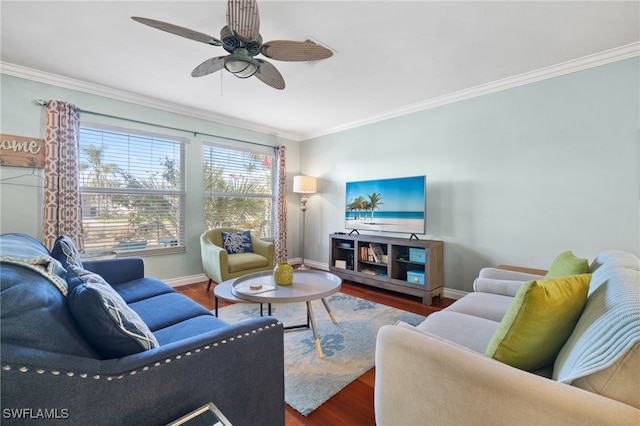 living room with wood-type flooring, ceiling fan, and ornamental molding