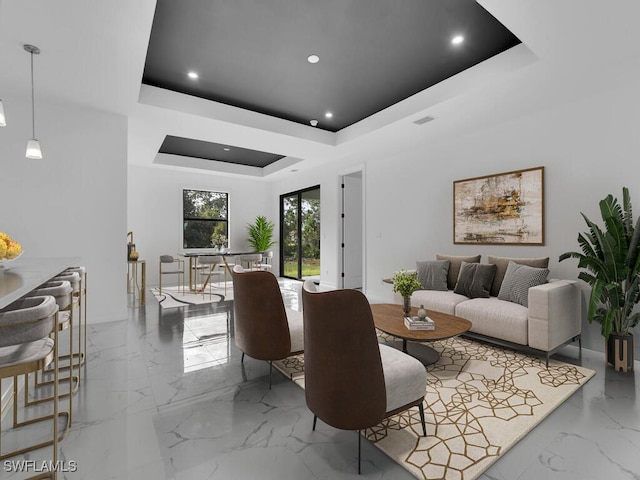 living room featuring a raised ceiling