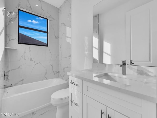 full bathroom with marble finish floor, toilet, vanity, and  shower combination