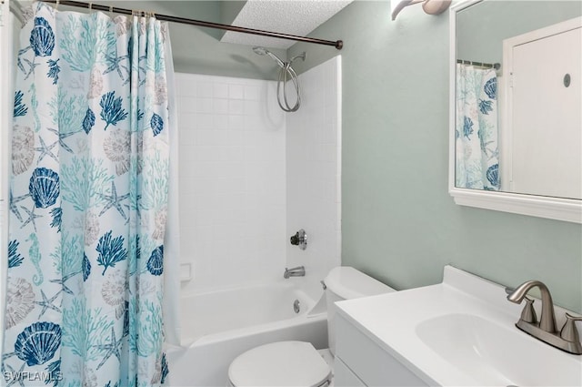 full bathroom featuring shower / bath combination with curtain, toilet, a textured ceiling, and vanity