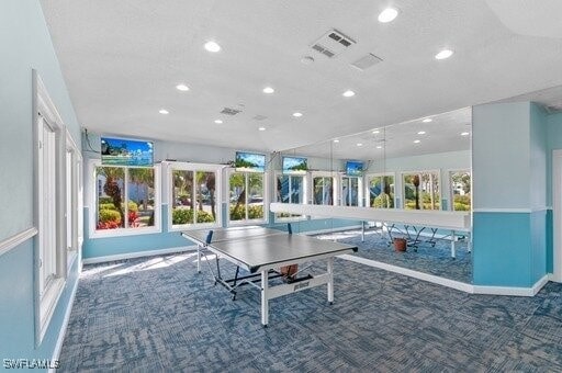 recreation room with dark colored carpet and a wealth of natural light