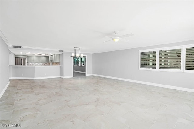 unfurnished living room with ceiling fan and ornamental molding