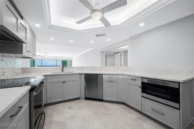 kitchen featuring black range with electric cooktop, stainless steel dishwasher, gray cabinetry, and sink